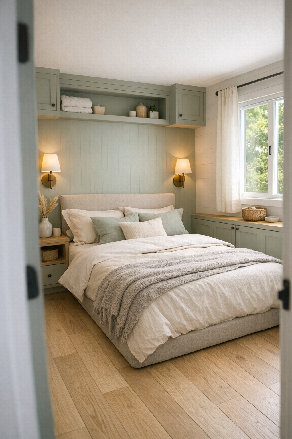 Calm tiny home bedroom with layered neutral bedding and accessible layout