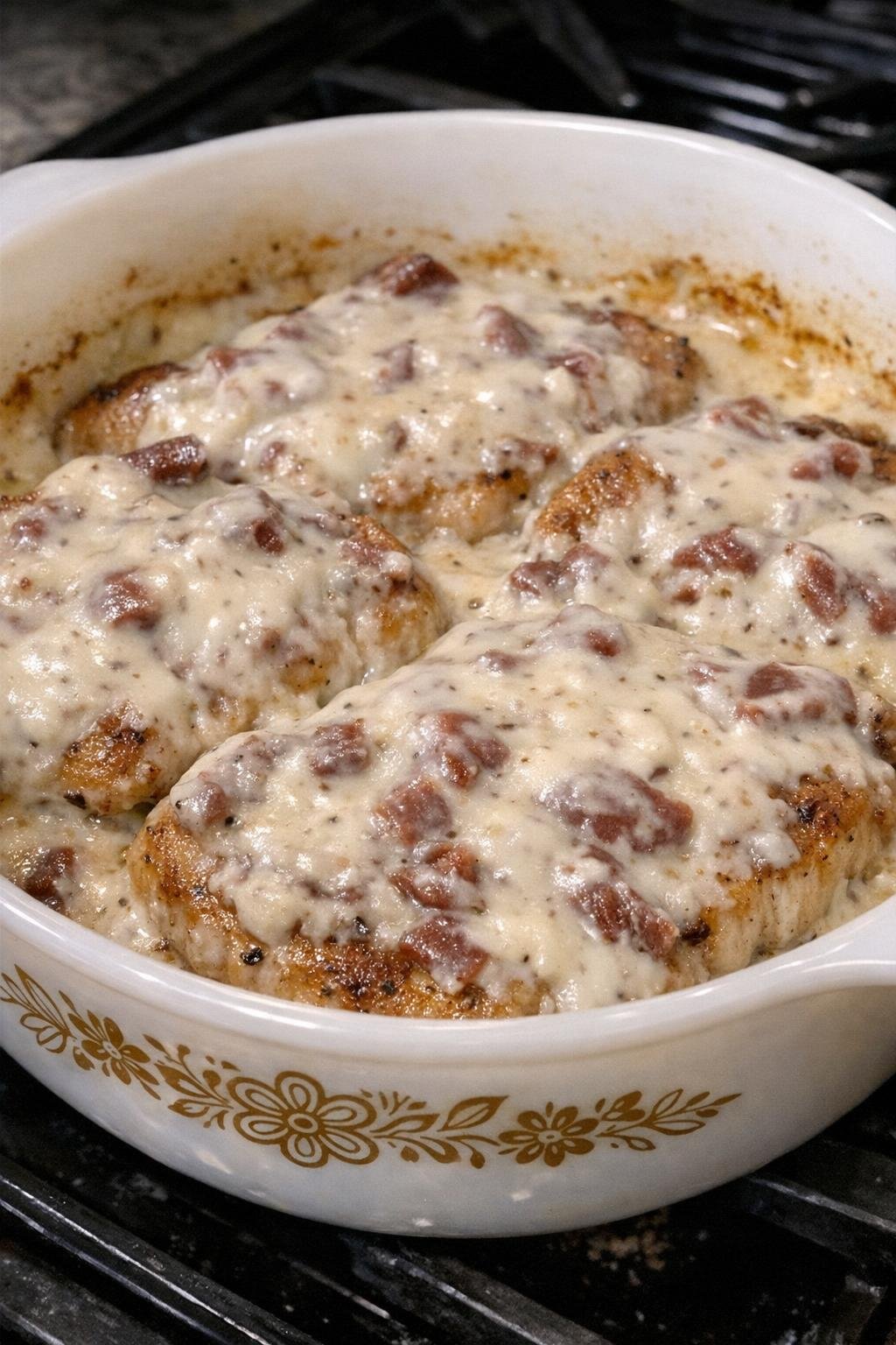 Baked pork chops with creamed chipped beef gravy in a casserole dish