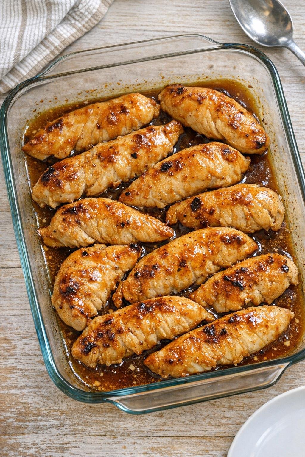 Baked chicken tenderloins in amber glaze in a glass casserole dish
