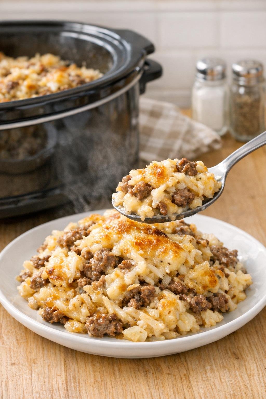 Finished hamburger hashbrown casserole served on a plate