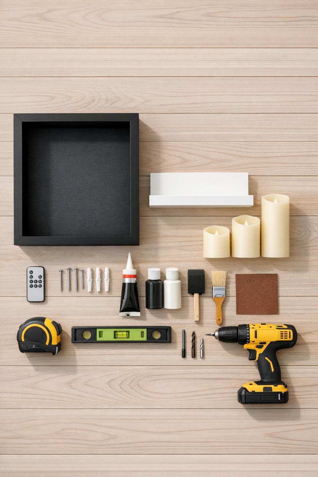 Materials for making a framed candle alcove laid out neatly