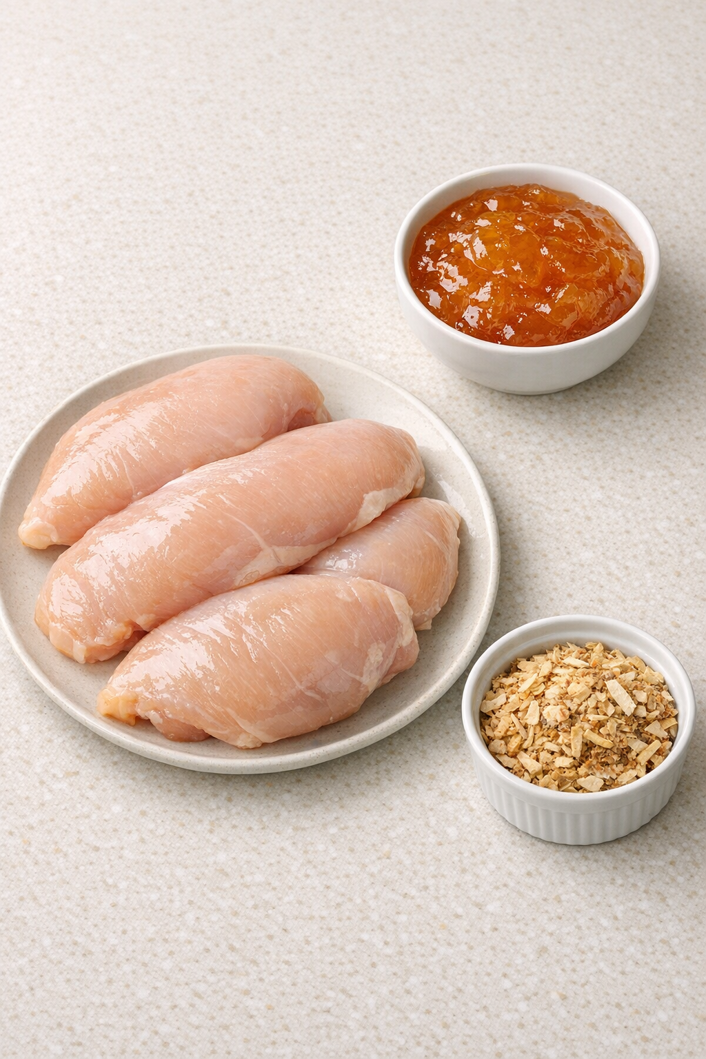 Chicken breasts, apricot preserves, and onion soup mix arranged on a counter