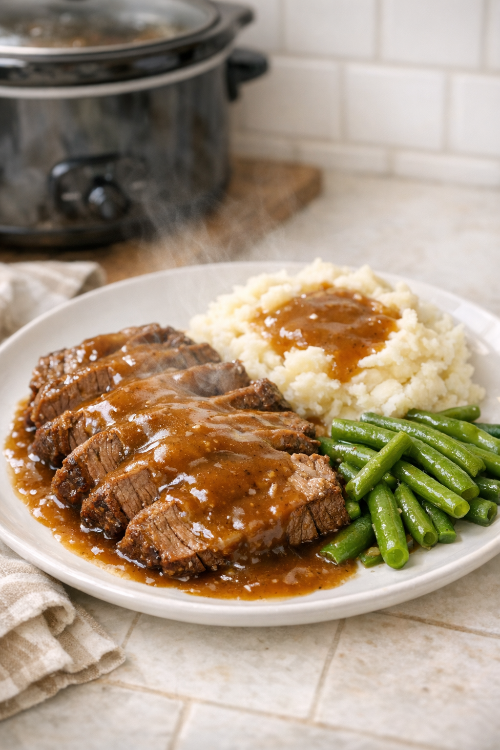 Finished Amish brown gravy beef plated with gravy