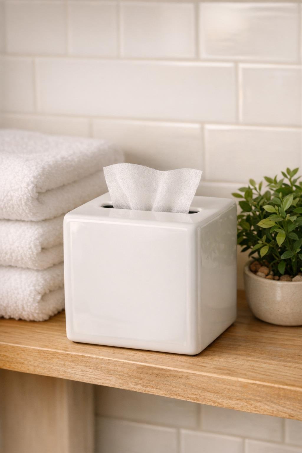 Finished white ceramic tissue box holder used as a dryer sheet dispenser in a laundry room