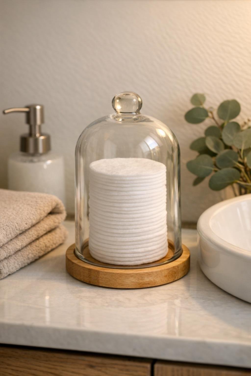 Finished cotton round dispenser in a bathroom