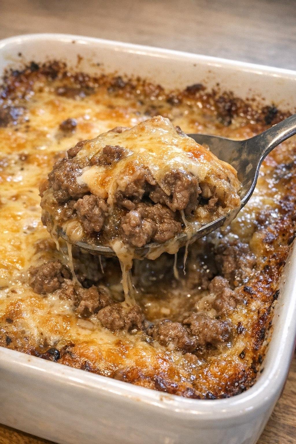 Bubbling baked beef appetizer in a rectangular baking dish