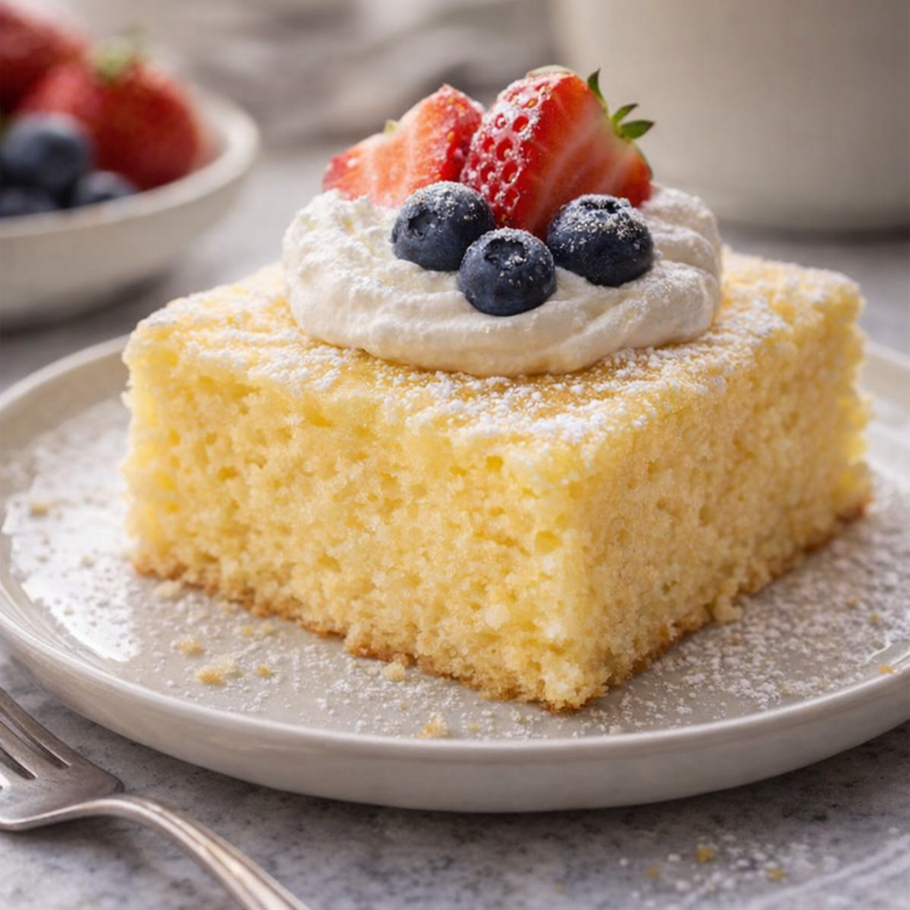 Plated square of lemon sheet cake with whipped cream and berries