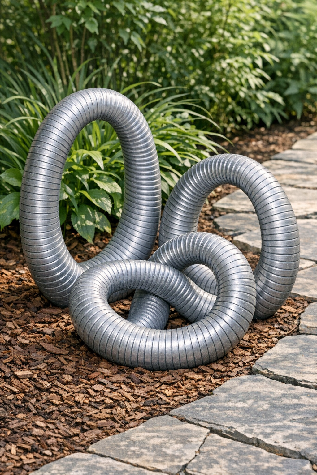 Finished cement yard loops arranged as garden decor