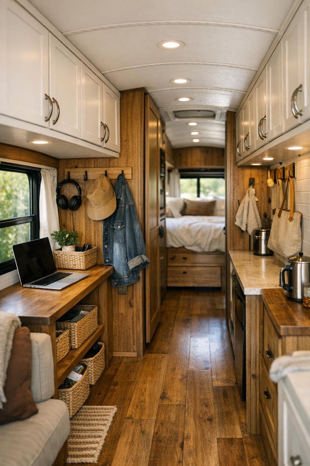 Narrow bus corridor with built-in storage, hooks, and a small work ledge