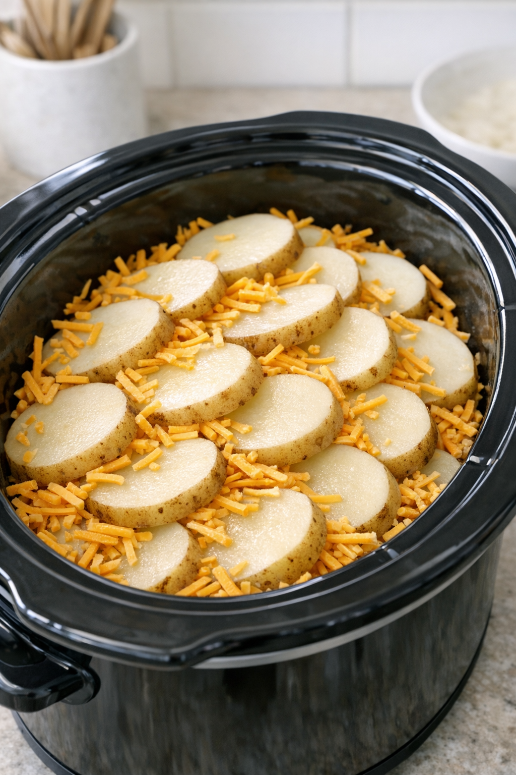 Layered potatoes and cheese in a slow cooker