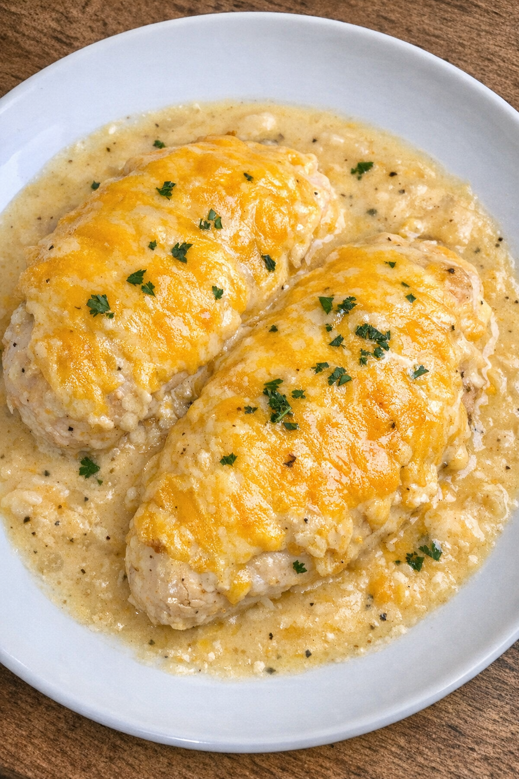 Slow cooker Amish cheddar chicken plated on a white ceramic plate