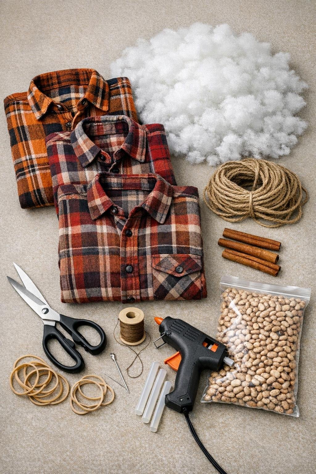 Old flannel shirts, stuffing, twine, and pumpkin-making supplies laid out together