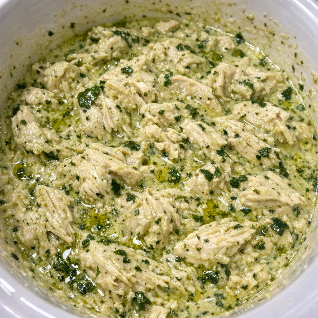 Creamy pesto chicken in a white slow cooker