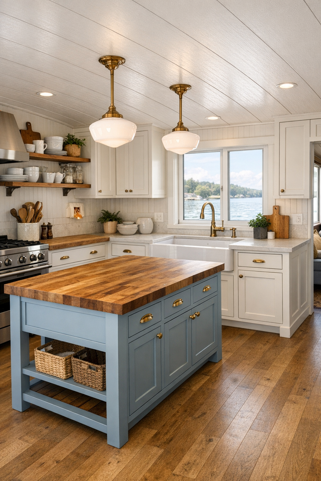 Accessible farmhouse kitchen with blue-gray island and apron-front sink