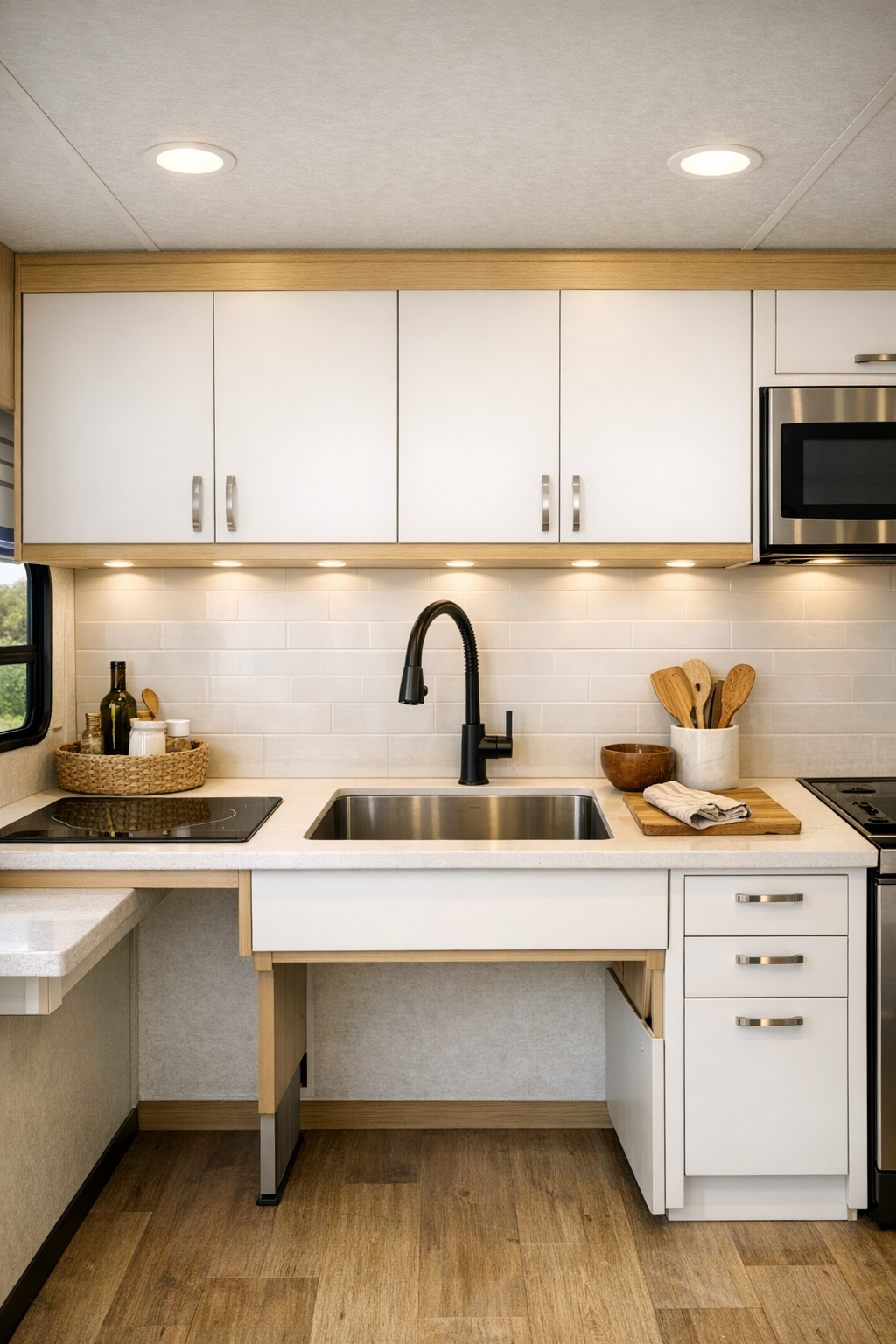 Modern accessible RV kitchen with warm white cabinetry, light countertops, and under-cabinet lighting
