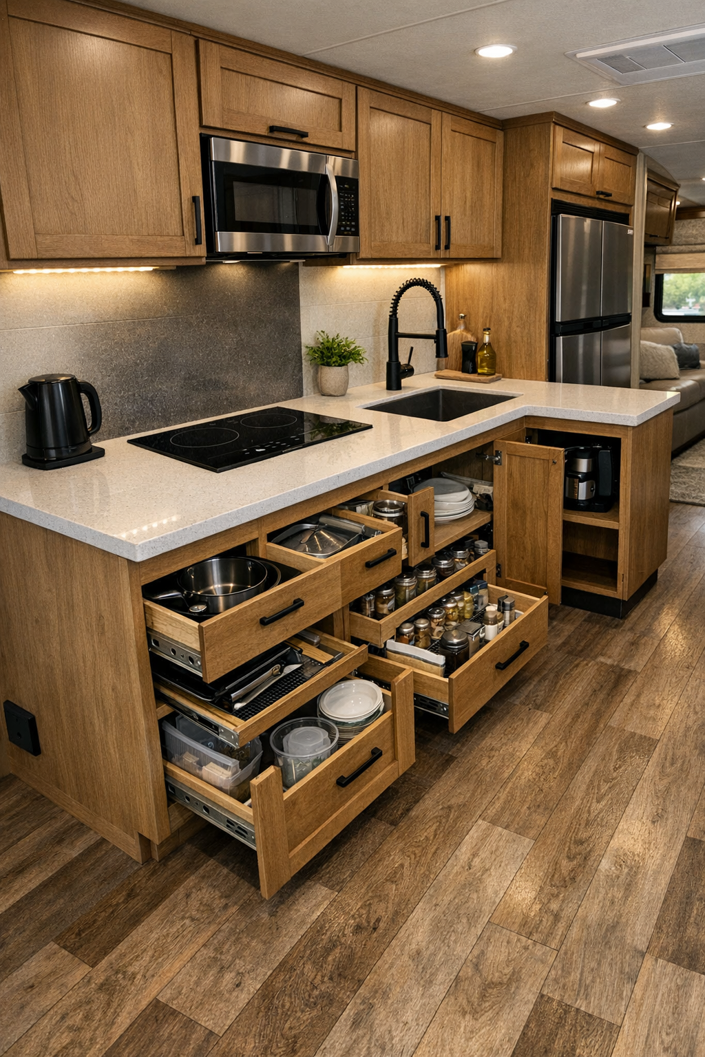 Compact accessible RV kitchen with light counters, warm wood cabinetry, and under-cabinet lighting