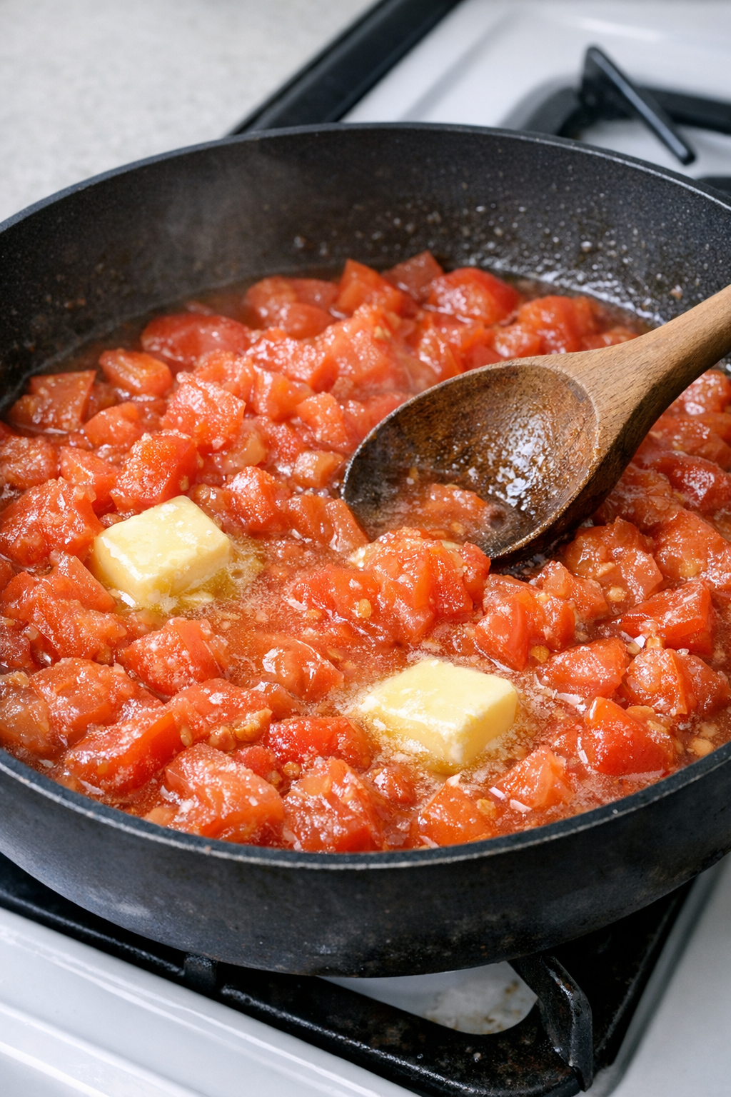 Tomatoes and butter cooking in a skillet