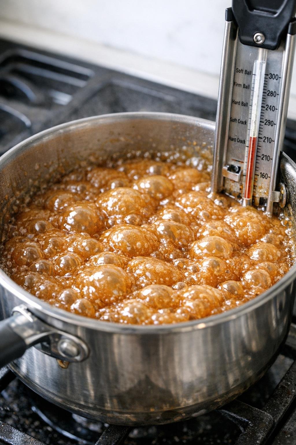 Caramel fudge mixture boiling in a saucepan with a candy thermometer