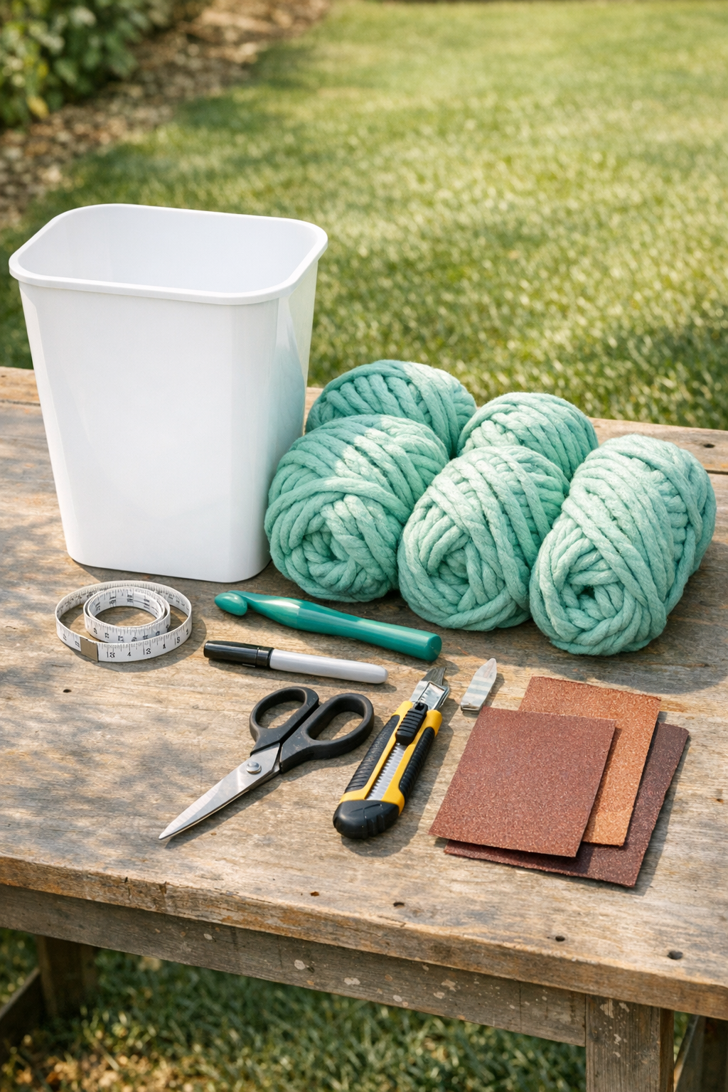 Materials for a crocheted trash can drink dispenser stand