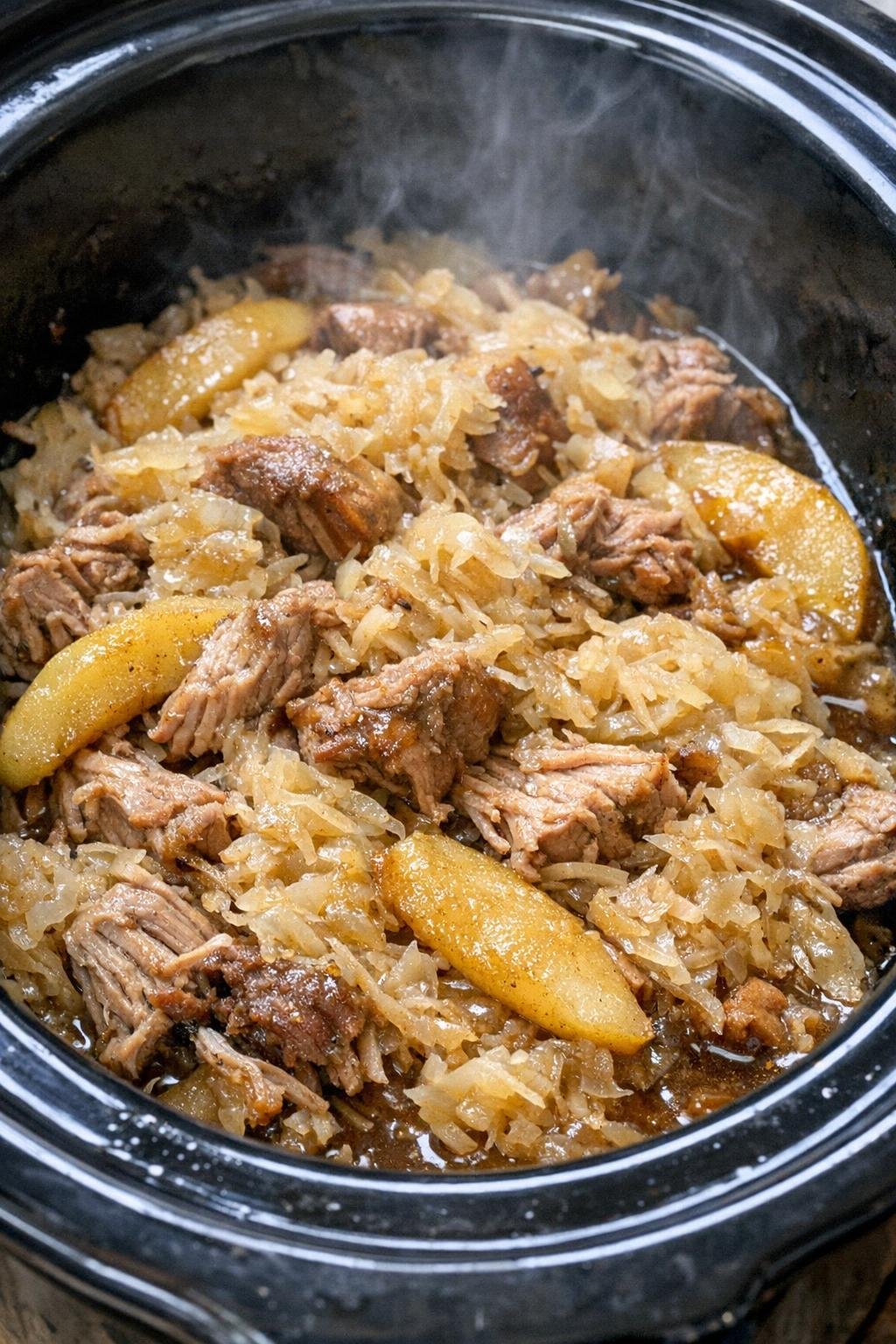 Slow cooker German pork roast with sauerkraut and apples