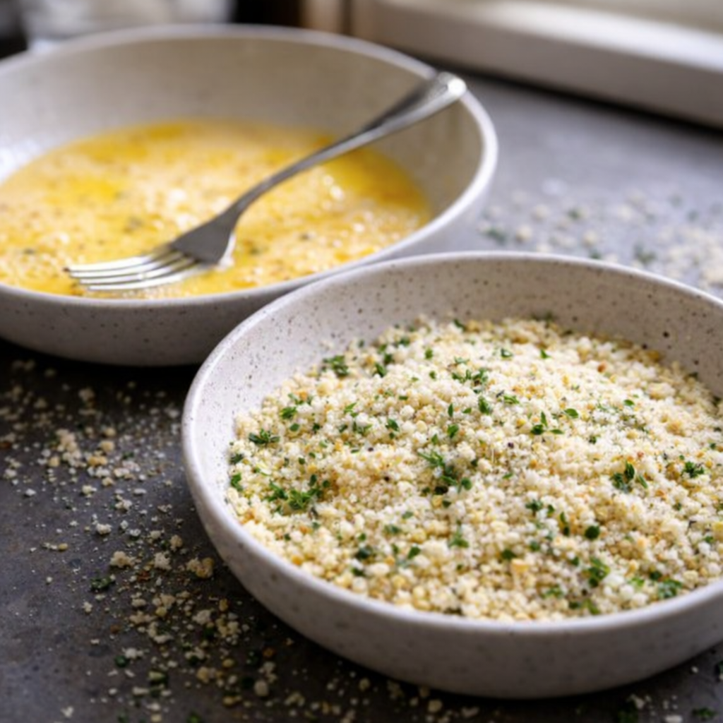 Breadcrumb coating and beaten eggs prepared for breading chicken