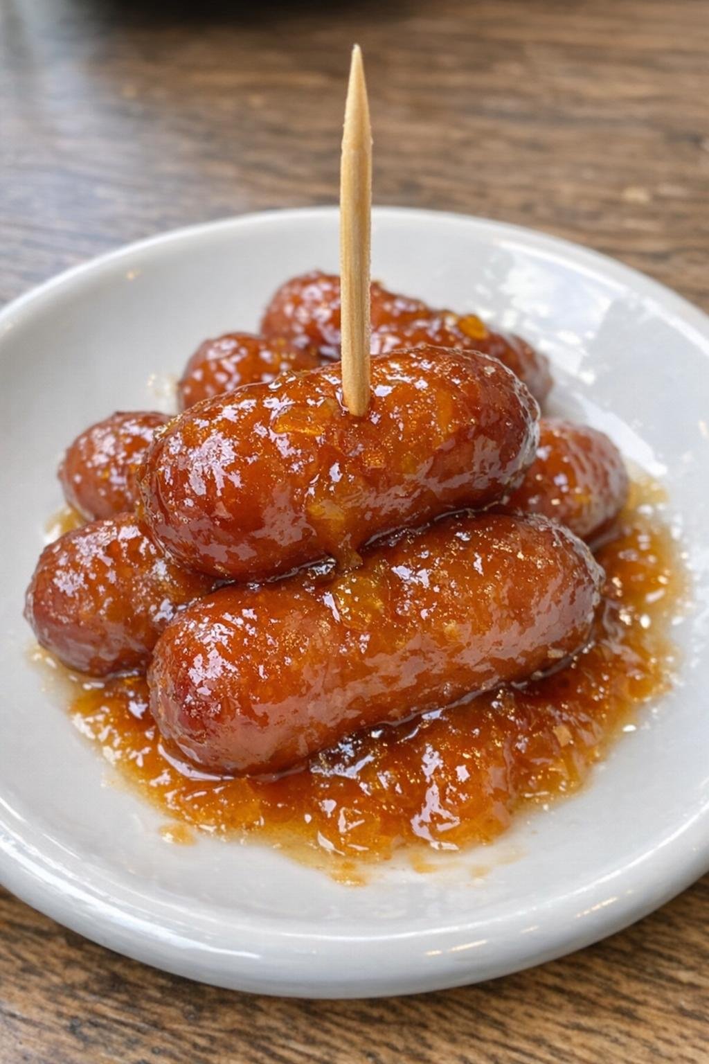 Glazed cocktail sausages on a white plate