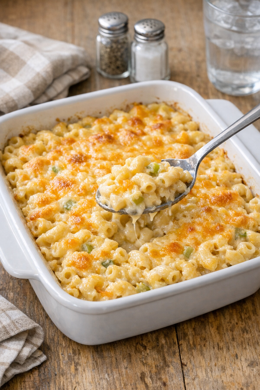 Finished baked cream of celery macaroni in a white casserole dish
