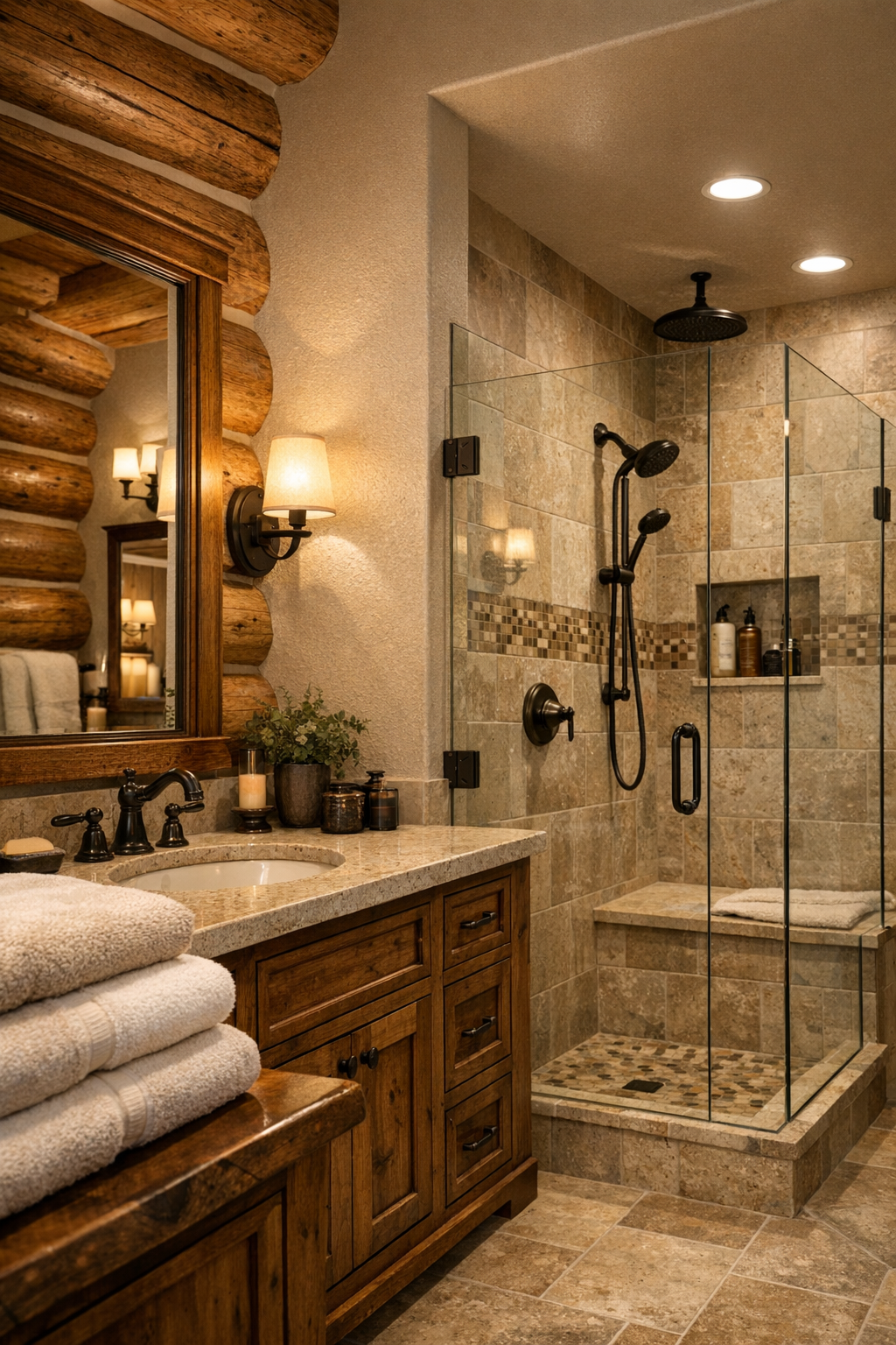 Rustic refined bathroom with wood vanity, stone surfaces, and walk-in shower