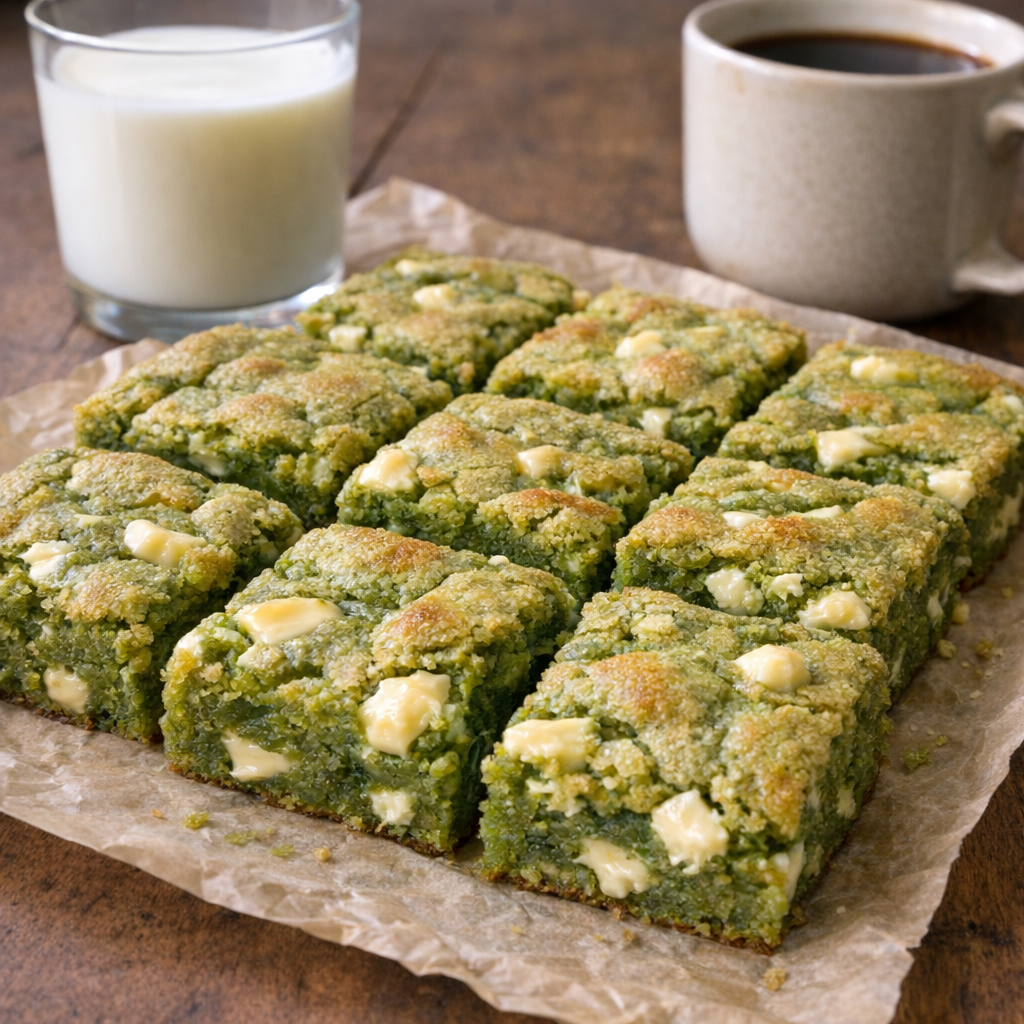 Sliced blondies served with milk and coffee