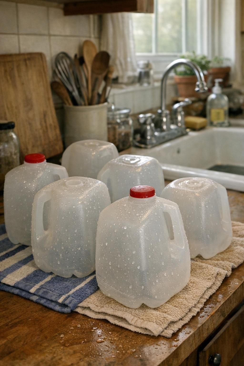 Milk jugs drying upside down beside a farmhouse sink