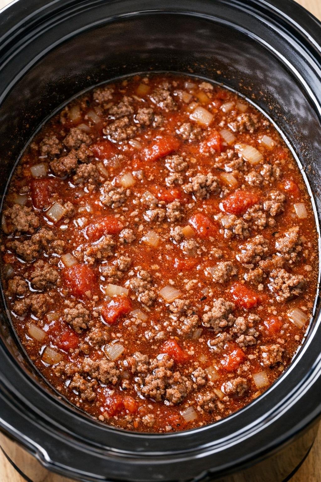 Beef mixture with sauce and broth in a slow cooker