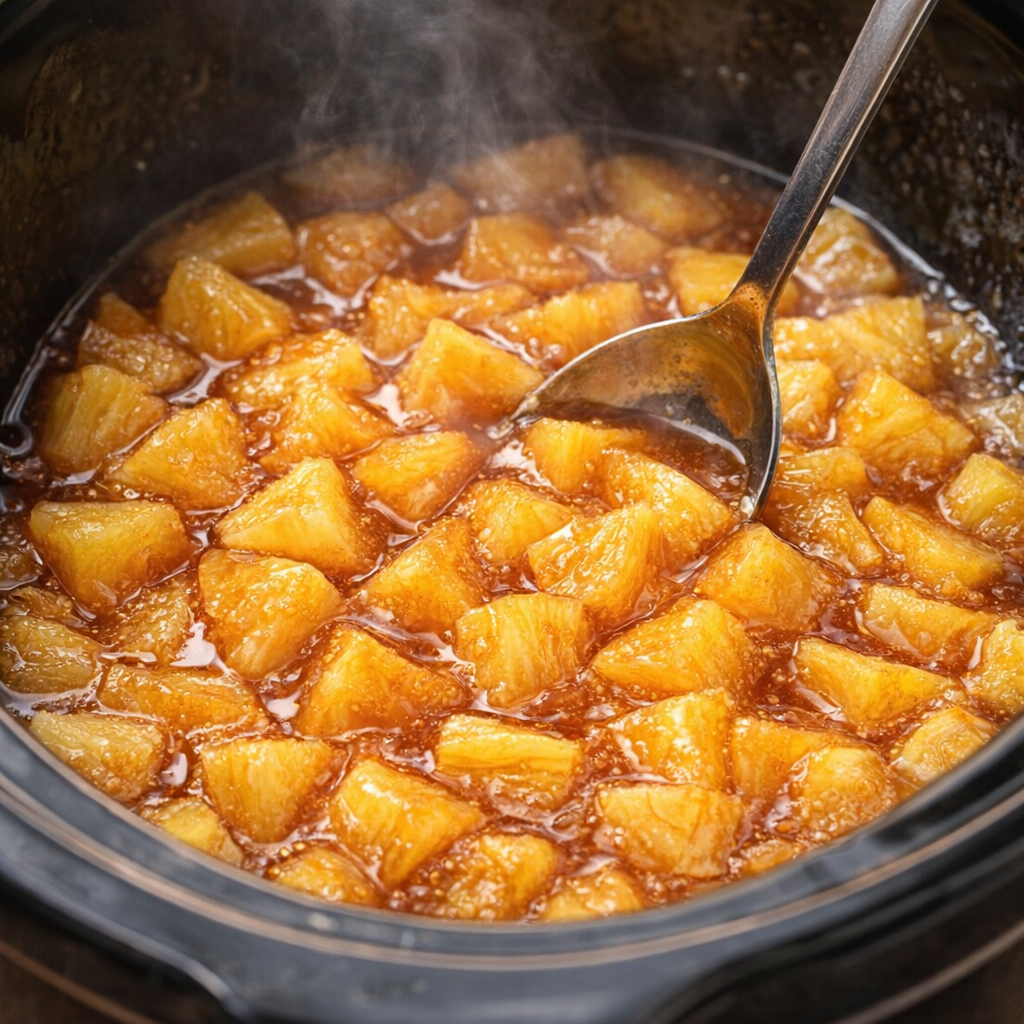 Cooked pineapple dessert with glossy sauce
