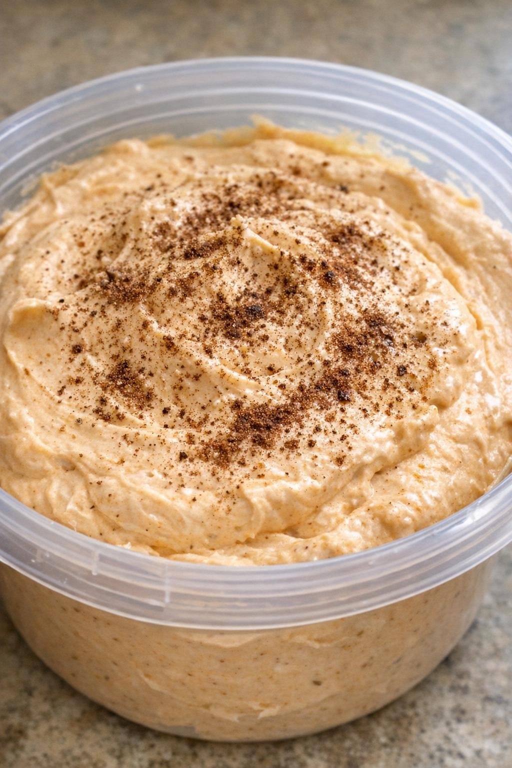 Pumpkin fluff dip in a plastic container