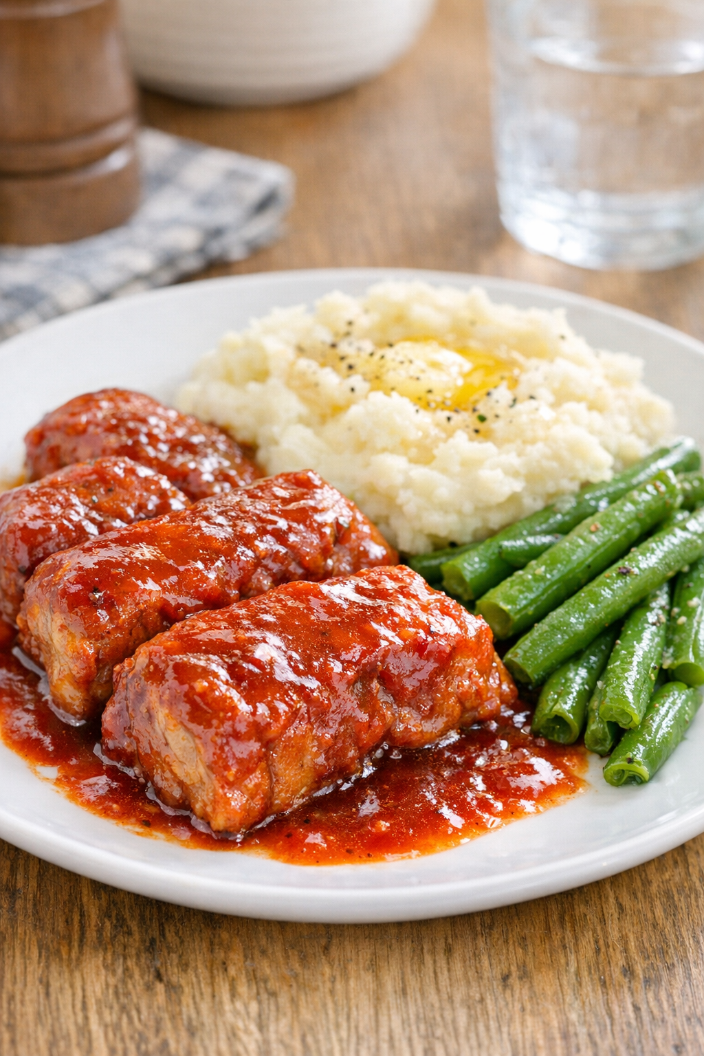 Finished plated slow cooker pork ribs with crimson glaze