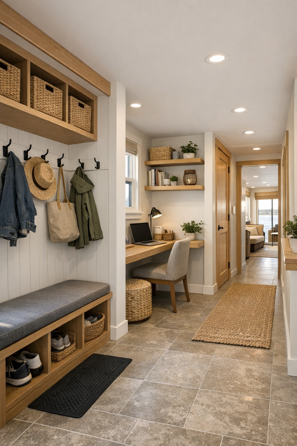 Thoughtful secondary spaces with mudroom storage, office nook, and bright built-ins