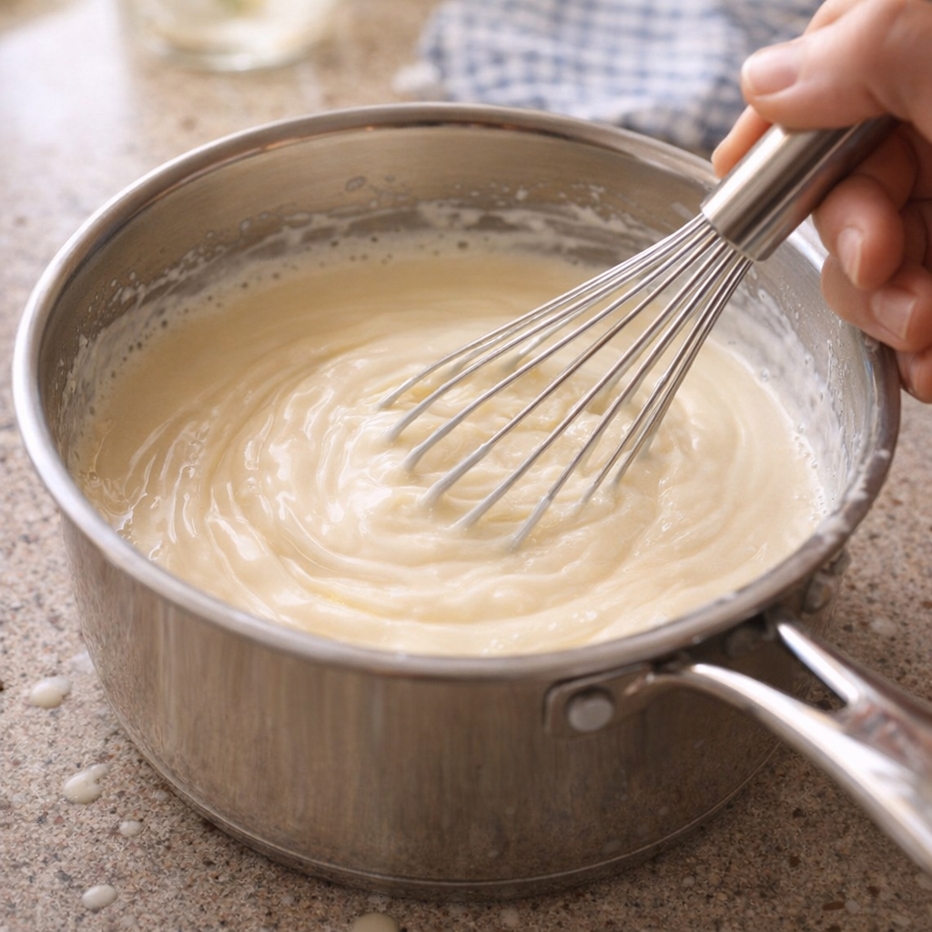 Cream and condensed milk being whisked in a saucepan