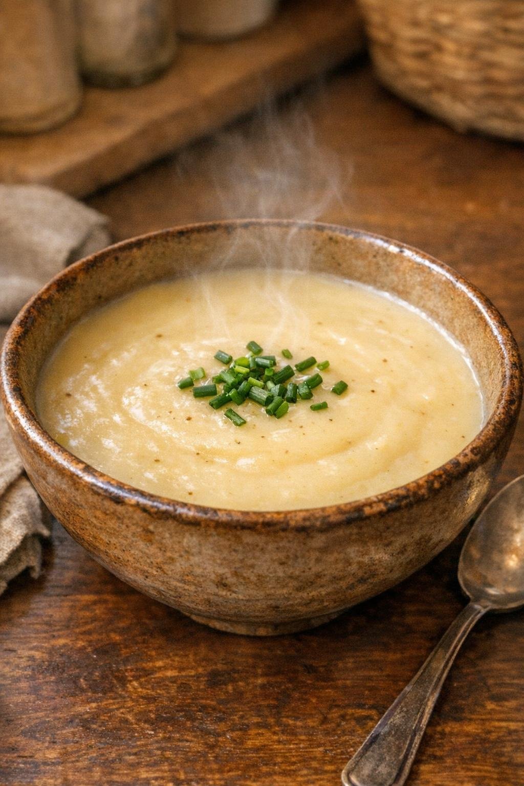 Finished bowl of creamy potato soup with chives