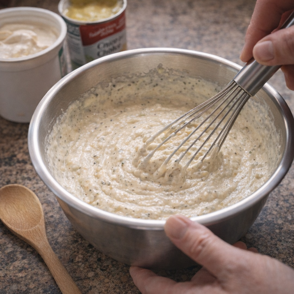 Creamy ranch mixture being whisked in a mixing bowl
