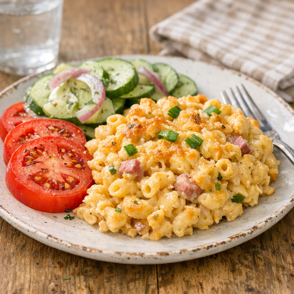 Final plated baked thousand island macaroni with summer sides