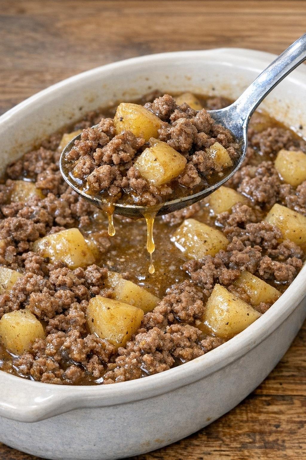 Savory ground beef and potatoes in rich broth