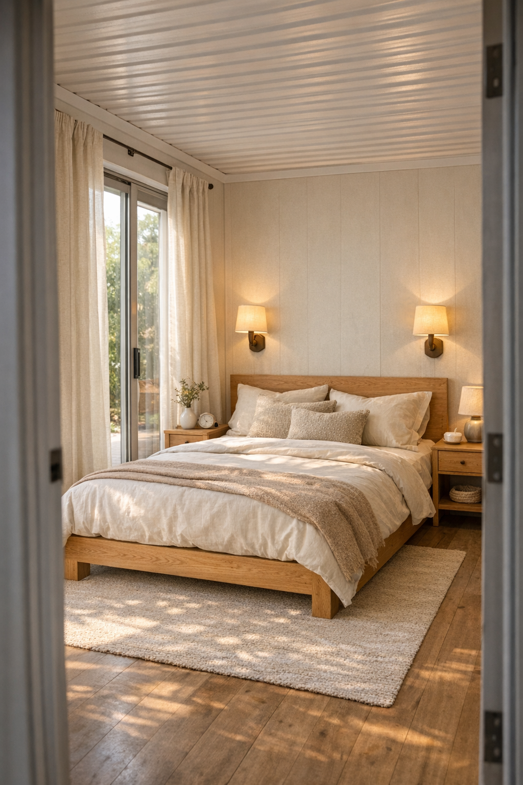 Quiet bedroom with oak platform bed, layered neutral textiles, and soft natural light