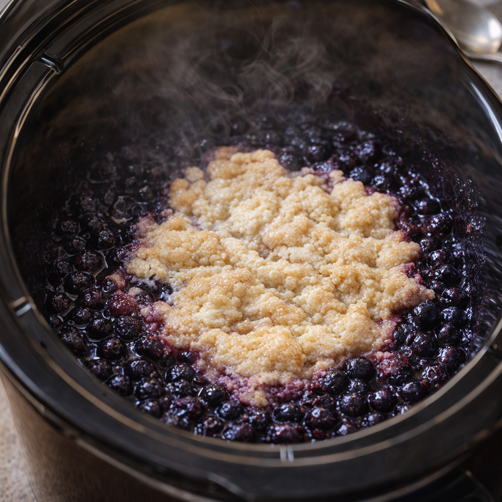 Finished blueberry dessert bubbling in the slow cooker