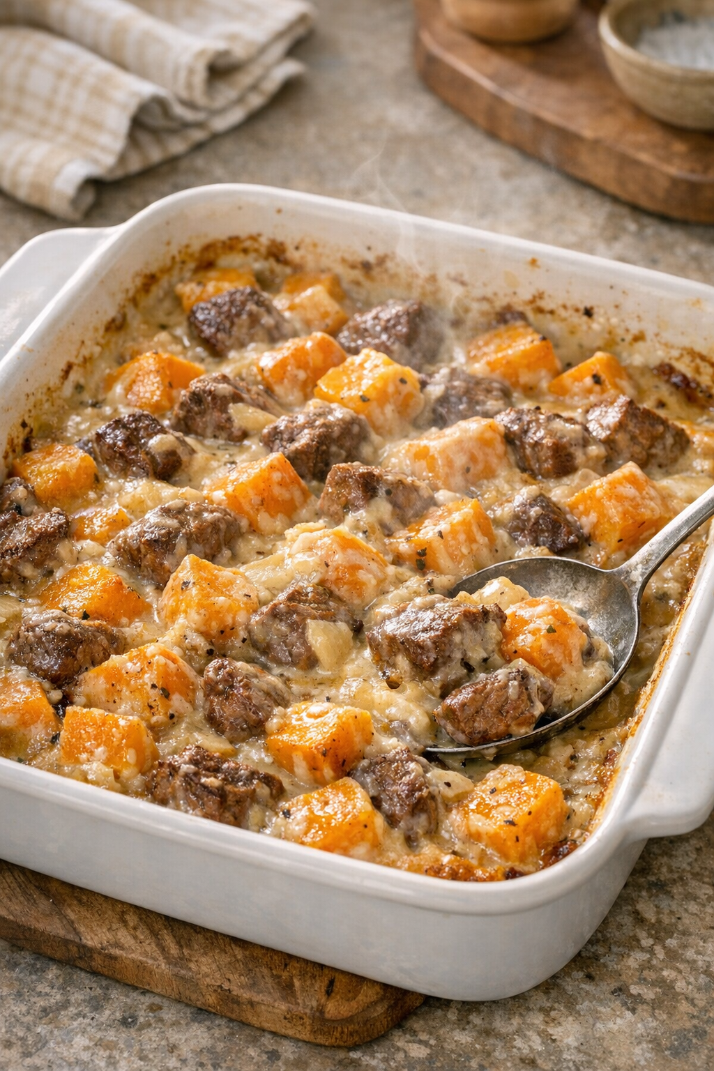 Finished Amish beef and butternut squash bake in a casserole dish