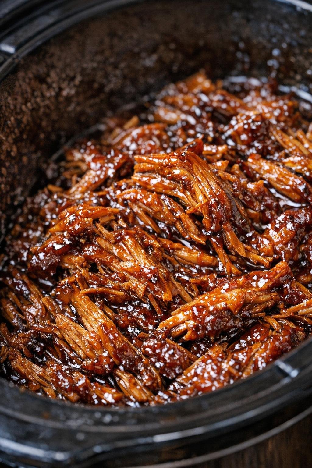 Shredded protein with dark amber glaze in a slow cooker