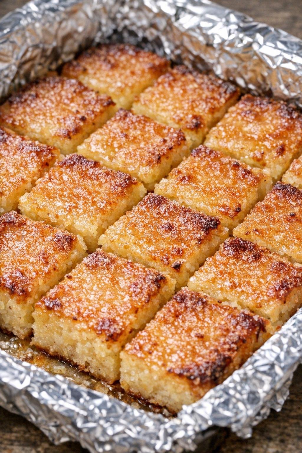 Southern 3-ingredient buttery potato squares in a foil-lined baking tray