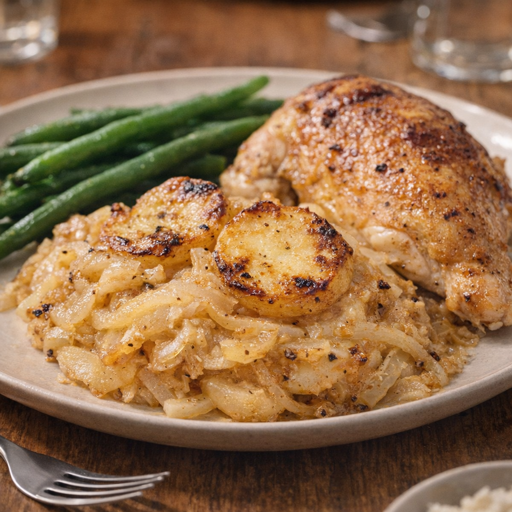 A plated serving of potato and onion bake with dinner sides