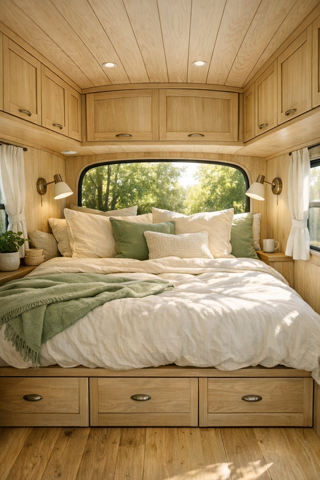 Warm bus bedroom with built-in bed, soft bedding, and integrated storage