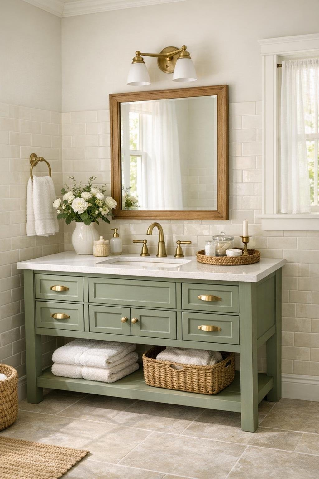 Timeless cottage bathroom with creamy tile, warm wood, and soft brass details