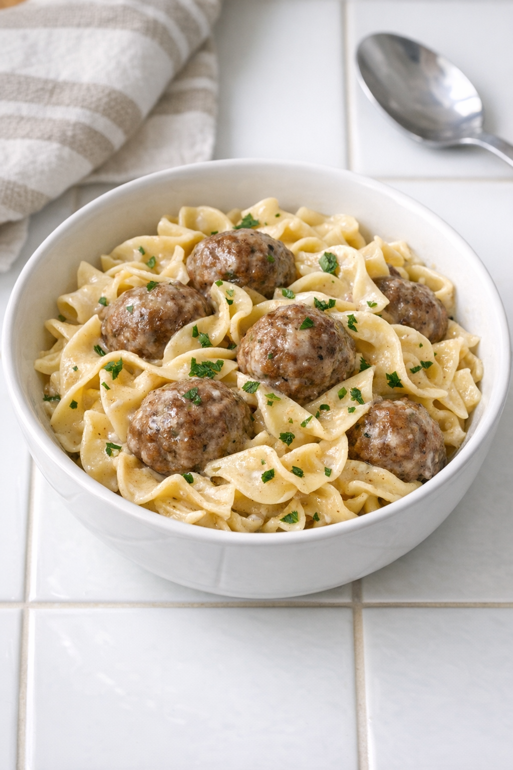Finished plate of creamy meatballs and egg noodles