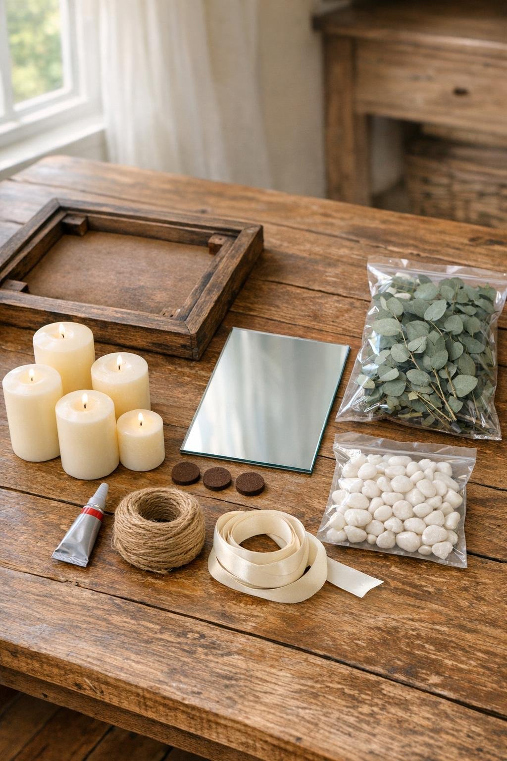 Materials for a candle cluster tray arranged neatly on a table